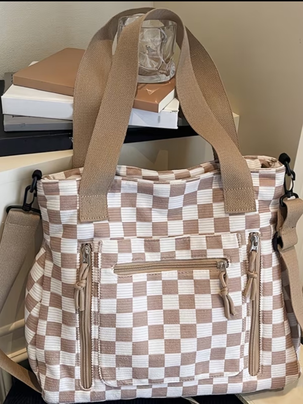 Classic Checkered Tote Bag in Beige and White